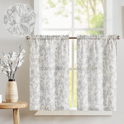 jinchan Floral Kitchen Curtains for Windows 36 Inch Gray Linen Tier Farmhouse Cafe Curtains Country Botanic Small Window Rod Pocket Rustic Flax for Laundry Bathroom RV 2 Panels Grey on Beige