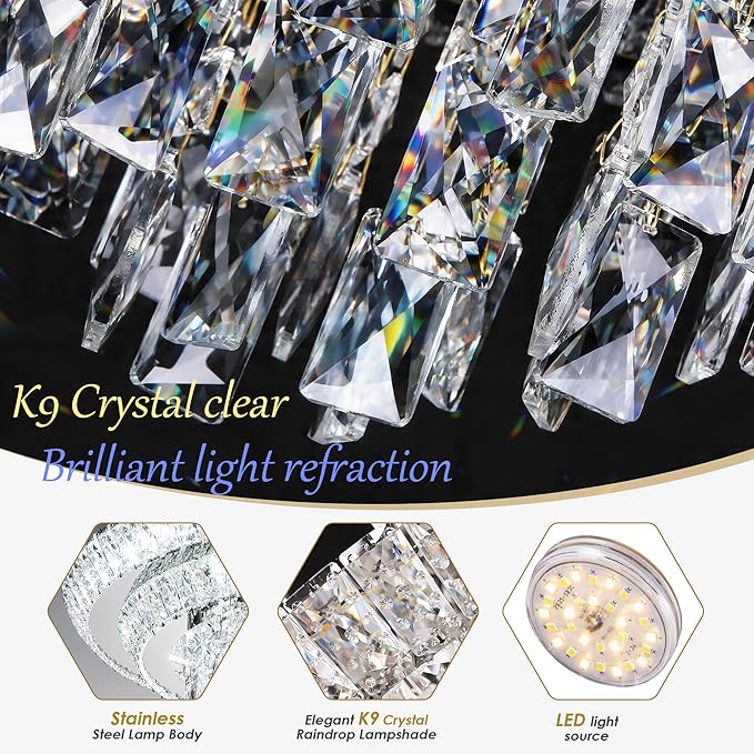 18 inch Crystal Silver Ceiling-Light Flush Mount With Remote Control and APP, 3CCT Dimmable & Brightness Adjustable, Modern Crystal Raindrop Chandeliers for Bedroom Hallway Dinning Room Living Room