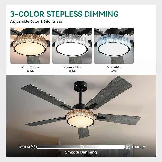 YITAHOME 52 Inch Chandelier Ceiling Fans with Lights and Remote/App, Smart Black Ceiling Fans Compatible with Alexa, Reversible Quiet DC Motor, Dual Finish Blades, Dimmable Lighting for Living Room