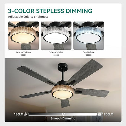 YITAHOME 52 Inch Chandelier Ceiling Fans with Lights and Remote/App, Smart Black Ceiling Fans Compatible with Alexa, Reversible Quiet DC Motor, Dual Finish Blades, Dimmable Lighting for Living Room