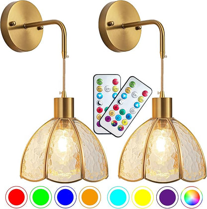 Battery Operated Wall Sconces Set Of Two, Indoor Not Hardwired Battery Wall Light With Remote Control, RGB Color Changing Dimmable Battery Powered Wall Lamp For Bedroom, Easy To Install, Bulb Included