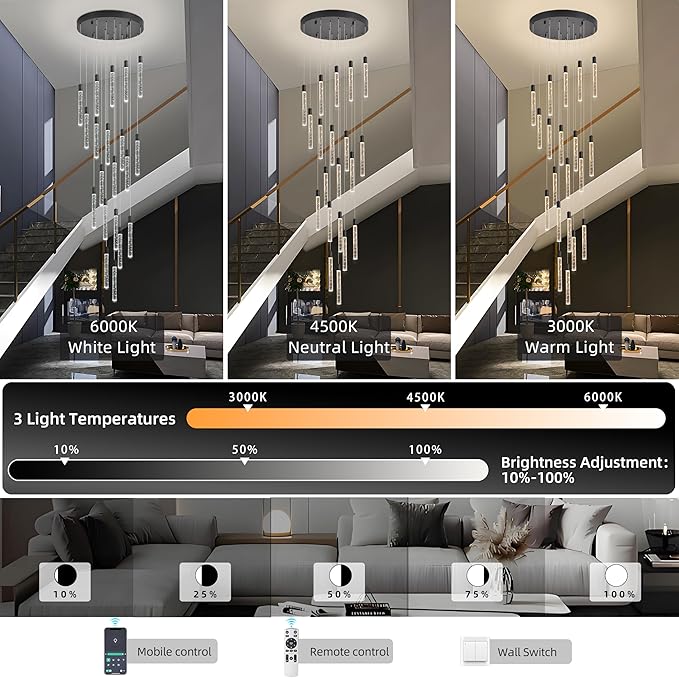 20-Lights Bubble Chandelier for Entryway High Ceiling-157 Height Adjustable Crystal Chandelier,3 Color Temperature Dimmable LED Pendant Light Fixture for Foyer Living Room Staircase,Matte Black
