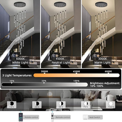 20-Lights Bubble Chandelier for Entryway High Ceiling-157 Height Adjustable Crystal Chandelier,3 Color Temperature Dimmable LED Pendant Light Fixture for Foyer Living Room Staircase,Matte Black