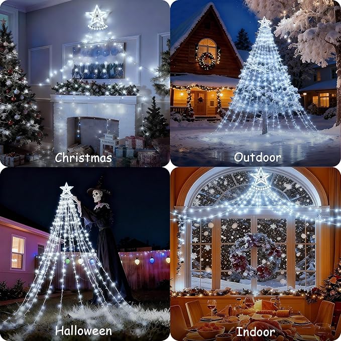 Star String Lights, 350 LED Tree Waterfall Fairy Lights, Outdoor Waterproof Christmas Decoration Lights with Remote, 16FT X 9 Hanging LED Lamp for Garden Yard Wedding Birthday Festival, Cool White