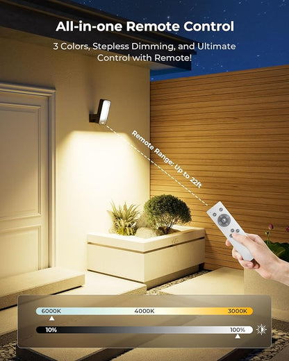 Motion Sensor Outdoor Light, 10000mAh Rechargeable Battery Operated Outdoor Light with Remote, 3 Modes with Red Alert, Dimmable & 3CCT, Waterproof Outdoor Security Lights for Porch, Backyard, Garage
