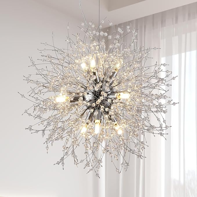 Sputnik Dining Room Chandelier, Modern Dandelion Hanging Lamp, Crystal Beaded Lighting, Round 9-Light Pendant Light Fixtures for Kitchen Island Bedroom Living Room Entryway (Chrome, D19.6inch)