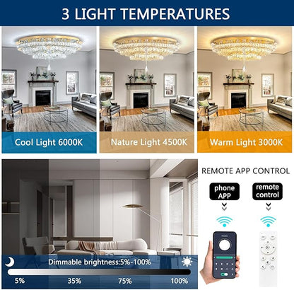 Modern Chandeliers for Living Room Crystal Chandelier Ceiling Light Fixture LED Dimmable with Remote Pendant Lighting Flush Mount Lighting for Dining Room Bedroom Gold