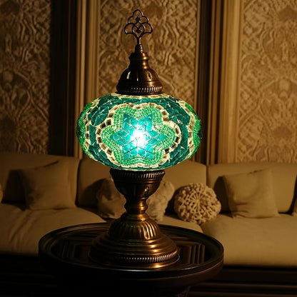 Turkish Mosaic Table Lamp with Bulb – Handmade Turquoise-Teal Stained Glass Light, Vintage Bohemian Bedroom & Living Room Decor, E12 Socket & US Plug