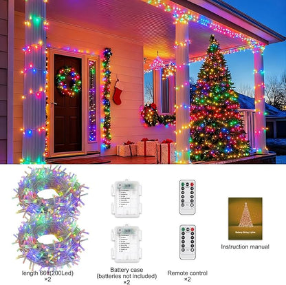2 Pack Battery Operated String Lights Outdoor Indoor Total 132ft 400 LED, 8 Modes with Remote Timer Waterproof Twinkle Fairy Lights Battery Powered for Christmas Tree Bedroom Party Decor, Multicolor