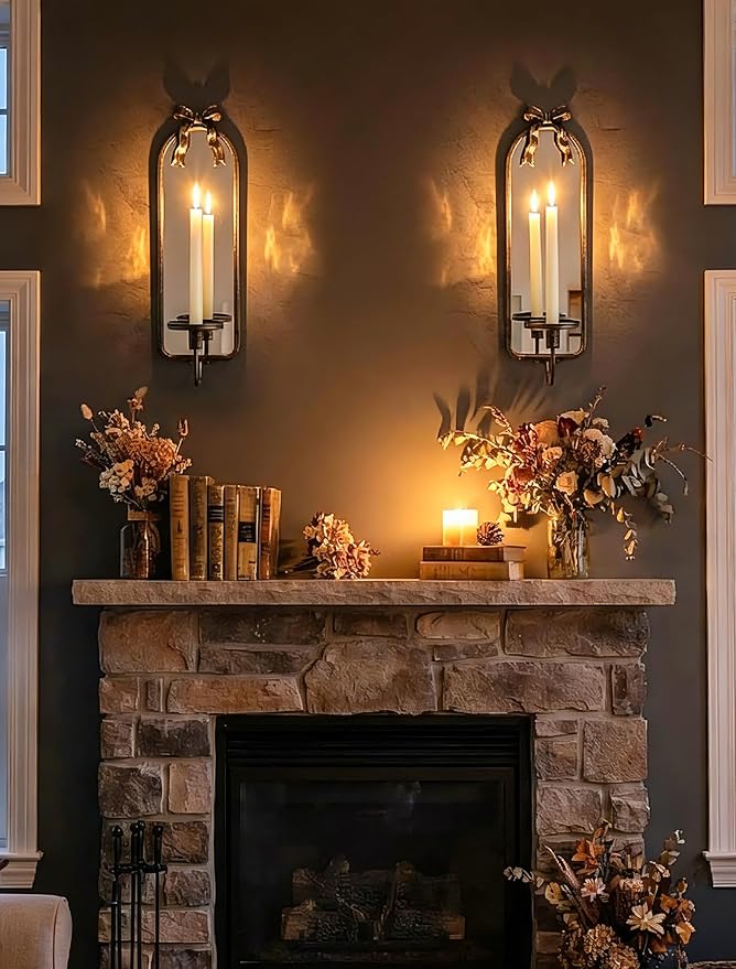 Candle Sconces Black Wall Decor: Set of 2 Metal Wall Candle Holder Decorative for Taper Pillar Candles - Vintage Bow Mirror Sconces Art for Fireplace Bathroom Livingroom
