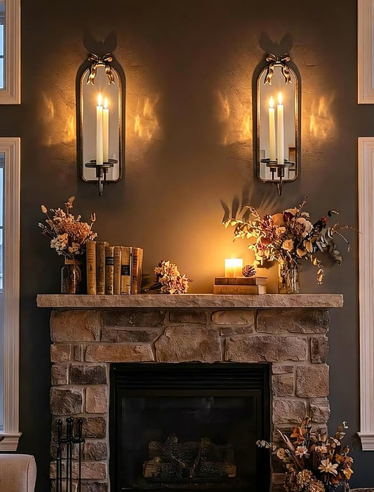 Candle Sconces Black Wall Decor: Set of 2 Metal Wall Candle Holder Decorative for Taper Pillar Candles - Vintage Bow Mirror Sconces Art for Fireplace Bathroom Livingroom