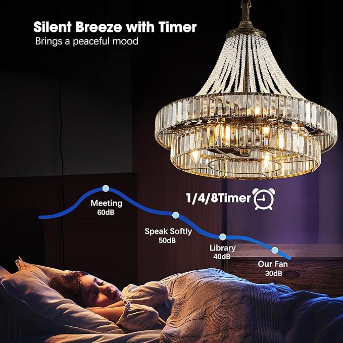 24“ Retro Crystal Chandelier Ceiling Fan with Lights, Remote & App Control, 6-Speed Reversible Large Fandelier, Double Layer Design for Bedroom, Living Room (Black Gold)