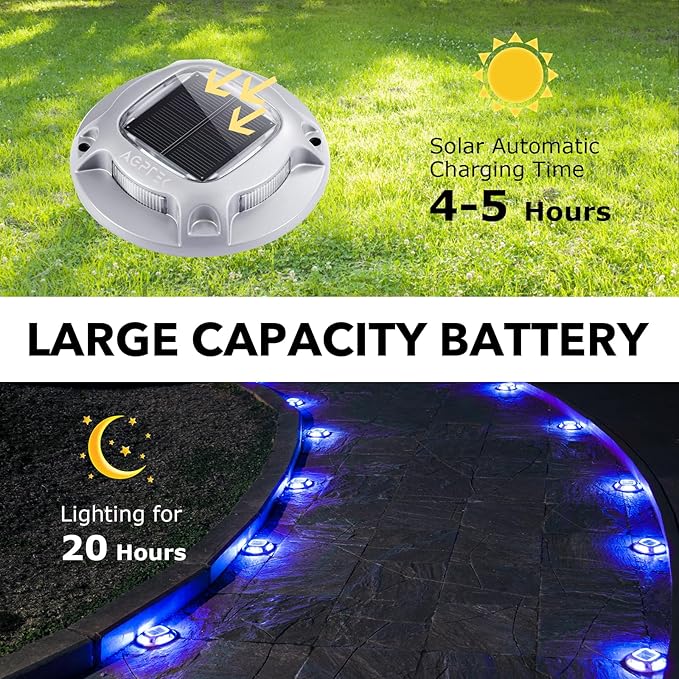 AGPTEK Solar Driveway Lights Outdoor 12 Pack, 2 Color Modes LED Deck Dock Marine Waterproof Security Marker Lights for Step Sidewalk Stair Garden Pathway Walkway Yard(Blue Light/Cool White)
