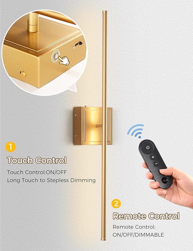 DORESshop Battery Operated Wall Sconces Set of 2, Dimmable Battery Wall Sconce with Remote Control, Gold 350°Rotate Rechargeable Sconces, 28.1 Inch Wireless Wall Lights for Bedroom, Living Room