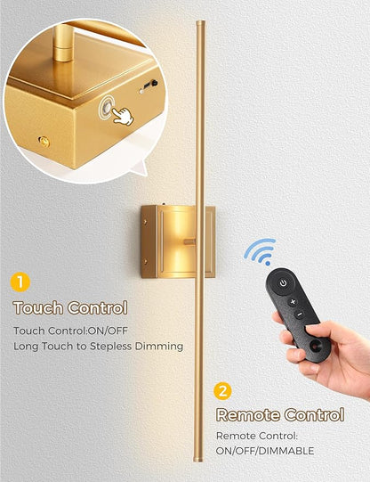 DORESshop Battery Operated Wall Sconces Set of 2, Dimmable Battery Wall Sconce with Remote Control, Gold 350°Rotate Rechargeable Sconces, 28.1 Inch Wireless Wall Lights for Bedroom, Living Room