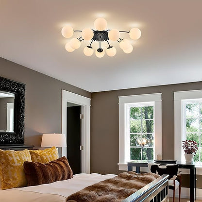 Longree 12-Light Black and White Sputnik Chandelier Opal Glass Flush Mount Ceiling Light Fixture with Blossom Accent, Mid Century Milk Glass Bubble Starburst Lighting for Dining Living