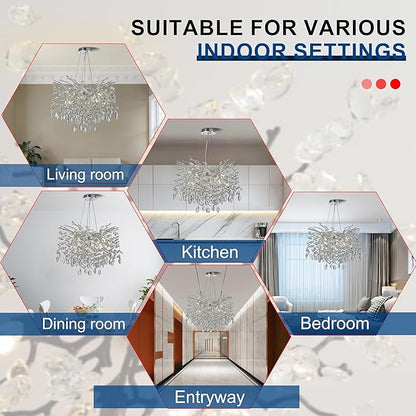 Modern Crystal Tree Branches Chandelier, 23.5in Silver 8 Lights Large Ceiling Hanging Light for Dining Room, Round Raindrop Pendant Light Fixture