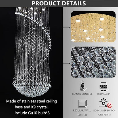 78'' Crystal Chandelier High Ceiling Chandeliers for Staircaes Large Raindrop Chandeliers LED Dimmable Flush Mount Light Fixtures for Foyer Hallway Entryway LED Bulbs Included Gold