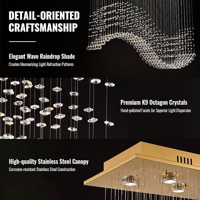 Siljoy 12-Lights Modern Crystal Chandeliers, Luxury Wave Raindrop Crystal Pedant Light Fixture, Rectangular Flush Mount Ceiling Light for Dining Room Living Room Kitchen Island 47 Inch