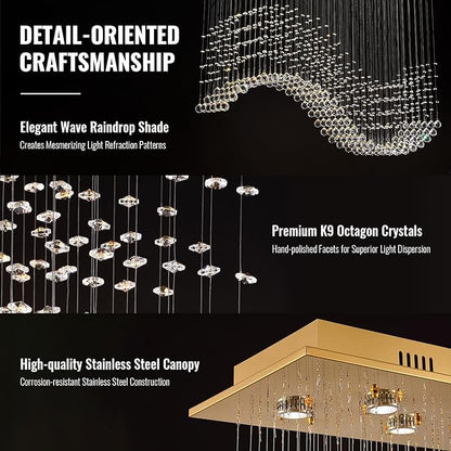 Siljoy 12-Lights Modern Crystal Chandeliers, Luxury Wave Raindrop Crystal Pedant Light Fixture, Rectangular Flush Mount Ceiling Light for Dining Room Living Room Kitchen Island 47 Inch