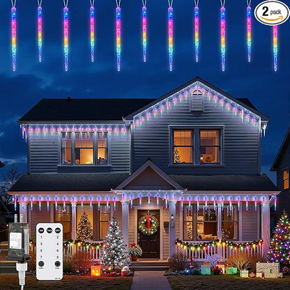 Brightown Icicle Lights Outdoor, 2 Pack Total 40ft 40 Tubes 200 LED Ice Shape String Lights, Connectable Hanging Christmas Decoration Lights for Tree Patio Roof Holiday Decor, Multicolor