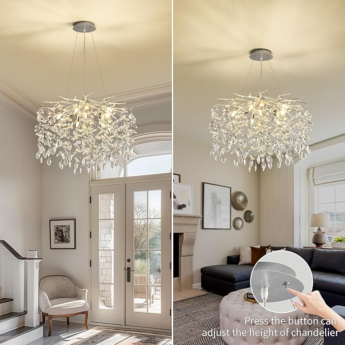 Modern Silver Crystal Tree Branch Chandelier, Art Deco Raindrop Lighting Fixture for Dining Room Living Room 9 Lights D23.7''