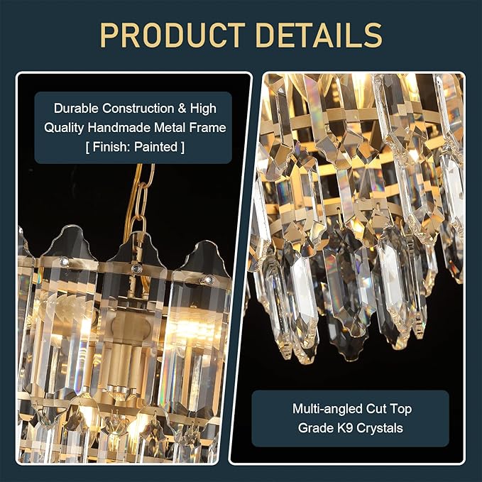 20" Gold Crystal Chandelier Modern 9-Light Luxury Chandelier Light Fixtures 5 Tiers K9 Crystal Round Lighting for Dining Room Bedroom Kitchen Island Living Room Foyer Entryway, E12