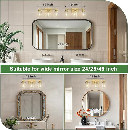 DORESshop 20 Inch Bathroom Light Fixtures, 3-Light Brass Bathroom Lighting Fixtures Over Mirror with Clear Glass Shade, Vanity Lights for Living Room Bedroom, ETL Listed