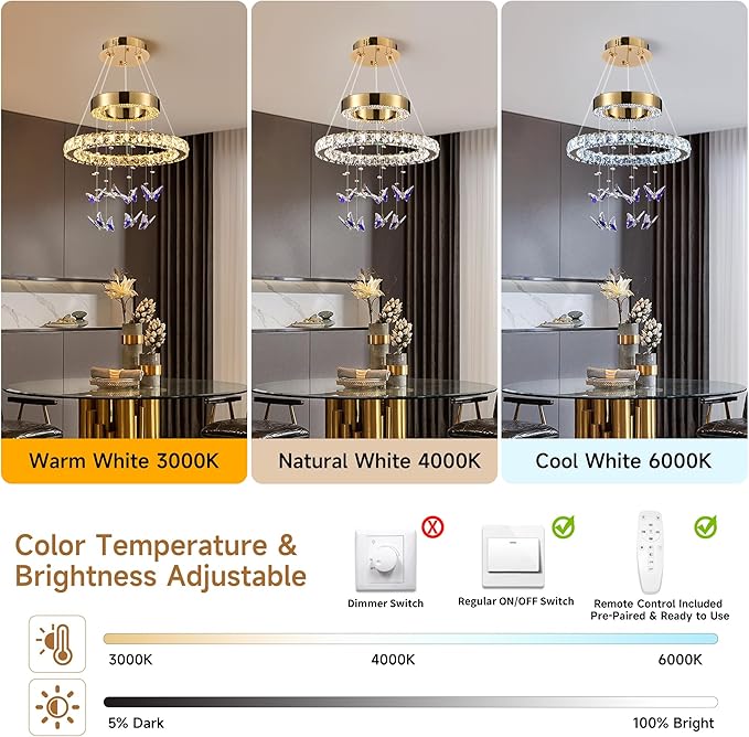 D 18" LED Gold Crystal Butterfly Chandelier, Dimmble LED Light Fixtures with Remote, Gold Modern Round Ring Crystal Chandeliers, for Dining Room, Kitchen Island, Entryway, Living Room, Bedroom