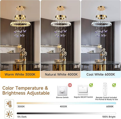 D 18" LED Gold Crystal Butterfly Chandelier, Dimmble LED Light Fixtures with Remote, Gold Modern Round Ring Crystal Chandeliers, for Dining Room, Kitchen Island, Entryway, Living Room, Bedroom