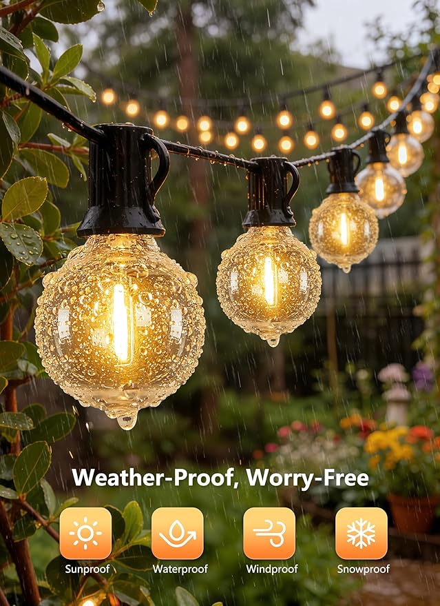 Brightown Outdoor String Lights, 100FT Shatterproof LED Patio Lights with 46 Dimmable Plastic G40 Bulbs, 2700K Waterproof Connectable Hanging String for Backyard, Cafe, Porch, Deck, Home Decor
