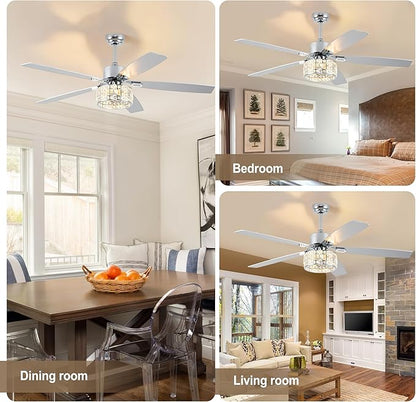Chandelier Ceiling Fans with Lights and Remote,Caged Ceiling Fan with Light,App 5 Blades E26 Fandelier Ceiling Fans with Lights,Crystal Ceiling Fan for Bedroom,Living Room. (Nickel, 60 Inch)