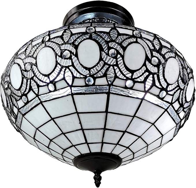 Tiffany Style Hanging Lamp Semi Flush 16" Wide Stained Glass White Antique Vintage Light Decor Restaurant Game Living Dining Room Kitchen Gift AM230HL16B Amora Lighting