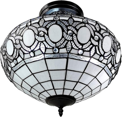 Tiffany Style Hanging Lamp Semi Flush 16" Wide Stained Glass White Antique Vintage Light Decor Restaurant Game Living Dining Room Kitchen Gift AM230HL16B Amora Lighting