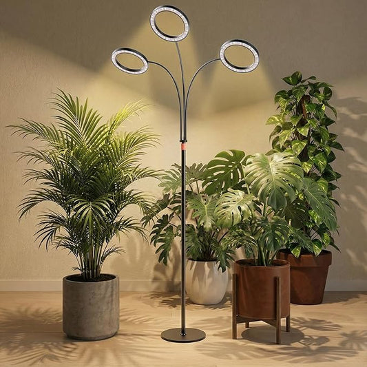 Grow Lights for Indoor Plants with Timer, Three-Heads 63 Inch Vertical Grow Light Full Spectrum 216 LEDs 48W 3/6/12H Auto On/Off 3 Light Modes 10-Level Dimmable Gooseneck Standing Plant Lamp