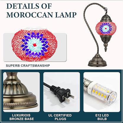 Marrakech Vintage Lamp Turkish Mosaic Lamps with Tiffany Style, Handmade Moroccan Table Lamps with Swan Neck Bronze Base Including LED Bulb for Living Room Bedroom Decor (Red)