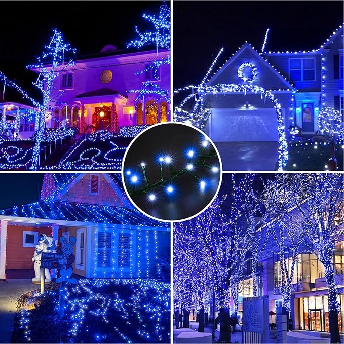 LAMPHOME 500 LED Blue White String Lights, 46ft 16 Modes Plug in Twinkle Fairy Lights, Waterproof Blue LED Christmas Lights Outdoor for Christmas Tree Bedroom Party Wedding Decor