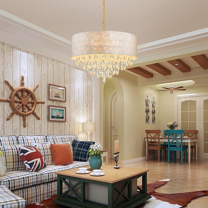 X-Large 6-Light Drum Capiz Shell K9 Crystal Chandelier, Coastal Style Pendant Light Fixture for Dining Room, Living Room, D24 * H24~70 Inch (Adjustable), Clear Crystal & Brass Finish
