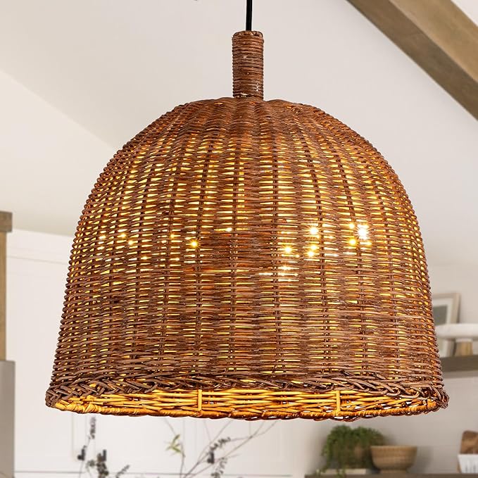 HUEHENGHAO 3-Light Dark Brown Rattan Pendant Light, 13.78" Basket Chandelier Farmhouse Wicker Pendant Light, Basket Wicker Chandelier for Dining Room Kitchen Island Living Room Famhouse