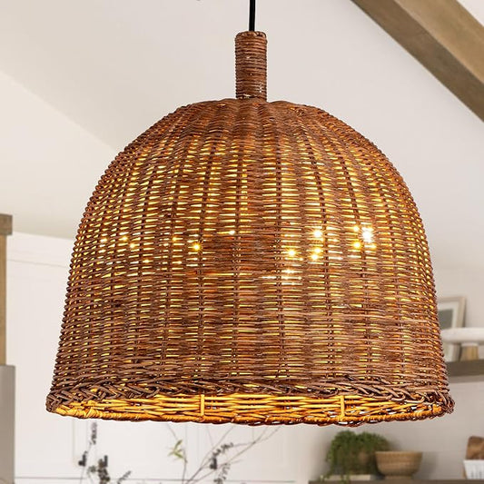 HUEHENGHAO 3-Light Dark Brown Rattan Pendant Light, 13.78" Basket Chandelier Farmhouse Wicker Pendant Light, Basket Wicker Chandelier for Dining Room Kitchen Island Living Room Famhouse