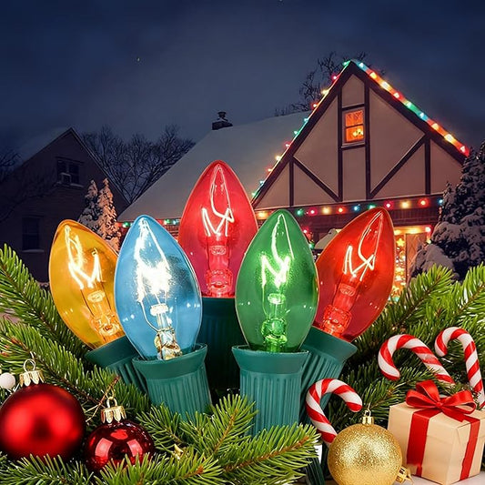 C7 Outdoor Christmas Light, 25Ft Vintage Christmas String Lights with 27 Clear Colorful Bulbs (2 Spare), Vintage Outdoor String Lights for Christmas Holiday Prom Roofline Party Wedding Decor-Green