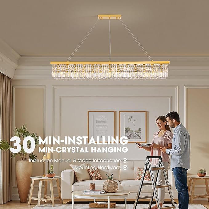Gold Large Modern Crystal Chandeliers for Dining Room Light Fixture, 13-Light Rectangle Chandelier for Kitchen Island Living Room, L59 Inch