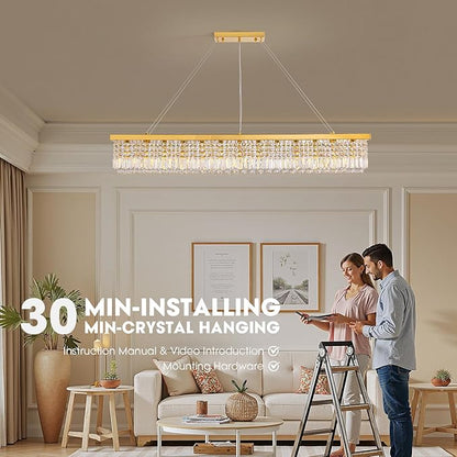 Gold Large Modern Crystal Chandeliers for Dining Room Light Fixture, 13-Light Rectangle Chandelier for Kitchen Island Living Room, L59 Inch