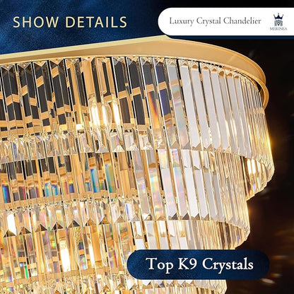 Large Crystal Chandelier Modern Gold 36" Round Chandeliers for Staircase 22 Lights 7-Tier Luxury K9 Crystal Ceiling Pendant Light Fixture for High Ceiling Living Room Foyer