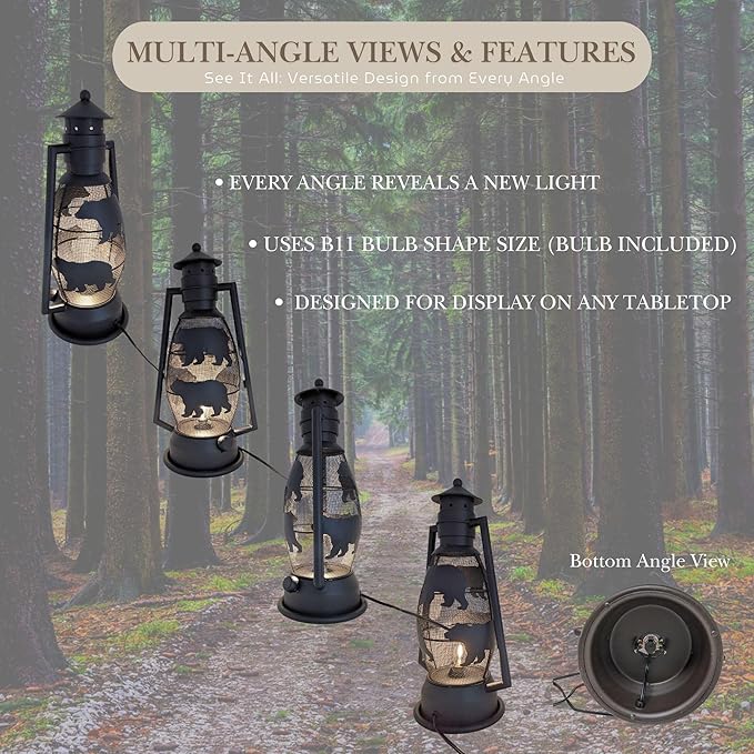 BestGiftEver Rustic Bear Lantern Table Lamp – Vintage Metal Nightlight with Electric Cord – Cabin, Lodge, Woodland Décor