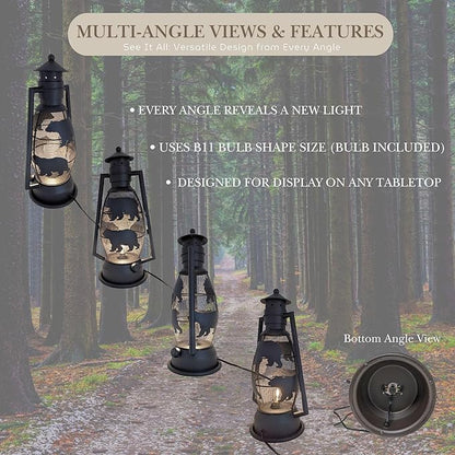 BestGiftEver Rustic Bear Lantern Table Lamp – Vintage Metal Nightlight with Electric Cord – Cabin, Lodge, Woodland Décor