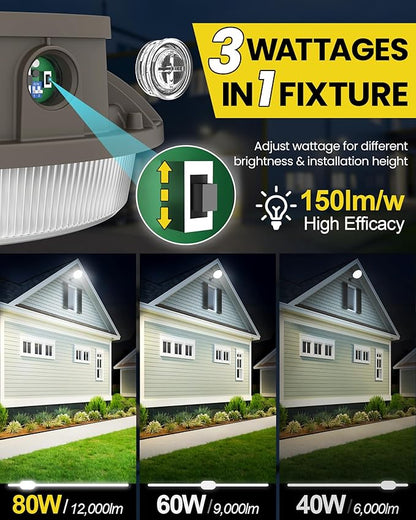 YARBO LED Barn Light with Switchable Wattage & Color: 80W/60W/40W, 5000K/4000K/3000K, 12000LM, Dusk to Dawn & Timer Dimming, AC100-277V, IP65 Waterproof ETL Listed for Garage Yard Barn Security Street