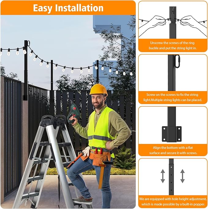 Beizelte 10 Pack 2.8Ft Suspension Outdoor String Light Poles for Outside String Lights Hanging,with Clip and Holder,Light Post Mounting Stand for Patio Fence Wall Garden Backyard Deck