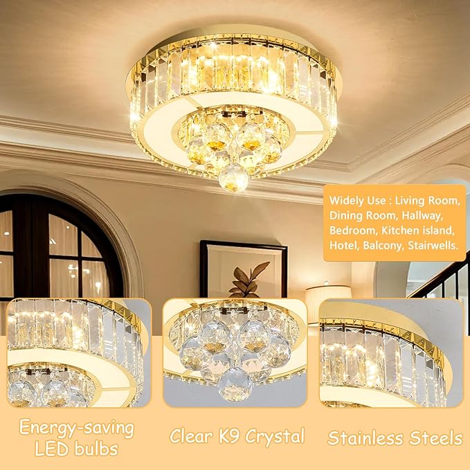 11.8" Gold Modern Crystal Chandeliers for Dining Room LED Dimmable Light Fixtures Flush Mount Light Living Room Bedrooms