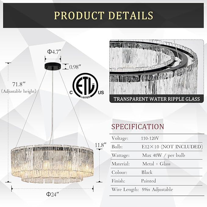 CATINER Modern Crystal Glass Round Chandelier 24”Black Chandeliers 10-Light Drum Pendant Ceiling Light Fixtures Luxury 2 Tiers Hanging Lighting for Dining Room Foyer Living Room Bedroom